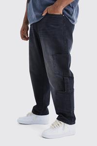 Boohoo Plus Toelopende Onbewerkte Cargo Jeans Met Bandjes, Washed Black