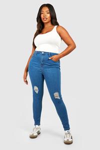 Boohoo Plus Versleten Skinny Jeans Met Hoge Taille, Mid Blue