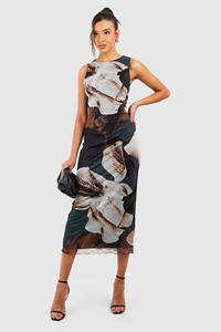 Boohoo Mesh Abstracte Bloemen Midaxi Jurk, Brown