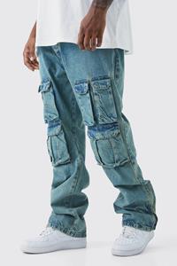Boohoo Plus Onbewerkte Gebleekte Slim Fit Flared Cargo Jeans Met Rits En Gusset Detail, Antique Blue