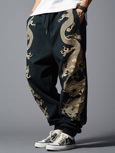 ChArmkpR Mens Chinese Dragon Print Drawstring Waist Loose Pants Winter