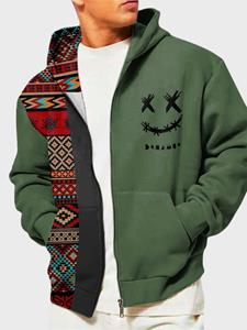 ChArmkpR Mens Ethnic Geometric Smile Print Patchwork Zip Front Hooded Jacket Winter