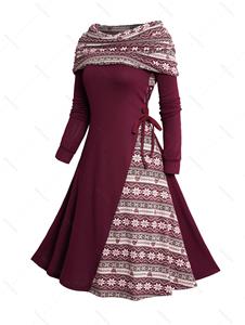 Dresslily Christmas Snowflake Tribal Graphic Knit Dress Lace Up Cowl Neck Knitted A Line Dress