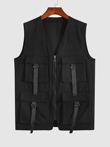 Zaful Solid Color Multi-pockets Straps Design Zip Fly Techwear Cargo Vest