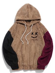 ChArmkpR Mens Smile Face Embroidered Patchwork Plush Drawstring Hoodies Winter