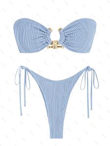Zaful Women's Textured Metal Ring Decor Lace Up Back Tied Side Bandeau Bikini Set