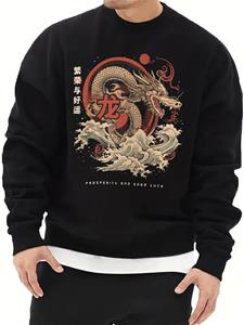 ChArmkpR Mens Chinese Dragon Letter Print Crew Neck Pullover Sweatshirts Winter