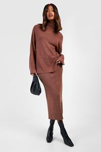 Boohoo Fine Gauge Roll Neck Sweater And Skirt Knitted Set, Chocolate