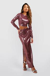 Boohoo Top Met Pailletten, Open Rug En Maxi Rok Met Hoge Split, Merlot