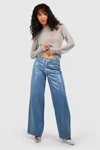 Boohoo High Rise Metallic Jeans Met Coating En Rechte Pijpen, Silver