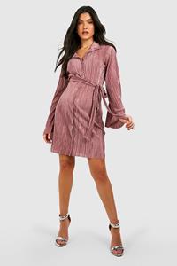 Boohoo Zwangerschap Plisse Midi Jurk Met Ceintuur, Rose