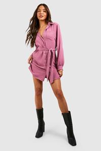 Boohoo Platgeslagen Utility Blouse Jurk Met Zak Detail En Lange Mouwen, Rose