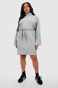 Boohoo Plus Zachte Geribbelde Skater Jurk Met Col En Ceintuur, Grey Marl