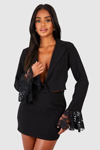 Boohoo Flared Lace Sleeve Cropped Blazer & Micro Mini Skirt, Black