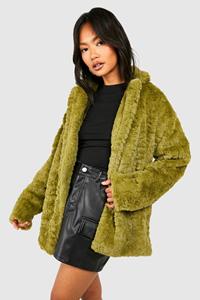 Boohoo Long Line Faux Fur Jas Met Textuur, Green