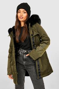 Boohoo Faux Fur Trim Parka, Khaki