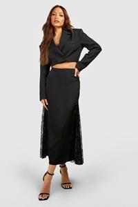 Boohoo Tall Satijnen Midaxi Rok Met Kanten Insert, Black