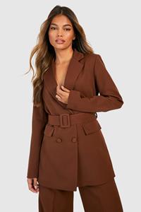 Boohoo Blazer Met Dubbele Knopen En Ceintuur, Chocolate