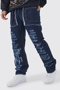 Boohoo Onbewerkte Versleten Gescheurde Baggy Jeans Met Cargo Zakken, Indigo