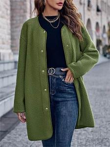 BERRYLOOK Women's Solid Color Round Neck Polar Fleece Mid-length Coat