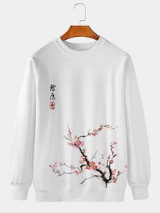 ChArmkpR Mens Chinese Plum Bossom Print Crew Neck Pullover Sweatshirts Winter