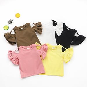 Summer Air Baby Kids Girl Ruffle Sleeve Off Shoulder Solid Color Cotton Tops Blouse