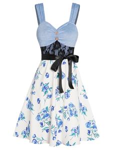 Dresslily Colorblock Flower Print Dress Lace Panel Empire Waist Belted Mock Button A Line Mini Dress