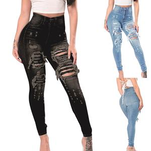 Projector ()Women Slim Washed Ripped Hole Gradient Long Jeans Denim Sexy Regular Pants