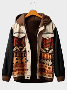 ChArmkpR Mens Vintage Ethnic Geometric Print Patchwork Loose Hooded Jacket Winter