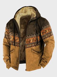 ChArmkpR Mens Ethnic Geometric Animal Print Patchwork Fleece Lined Hooded Jacket Winter