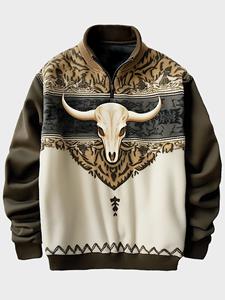 ChArmkpR Mens Ethnic Cow Head Print Quarter Zip Fleece Pullover Sweatshirts Winter