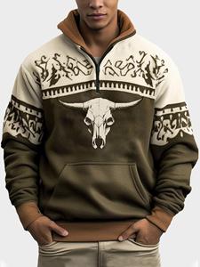 ChArmkpR Mens Ethnic Cow Head Print Kangaroo Pocket Fleece Sweatshirts Winter