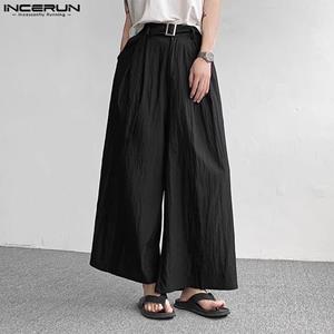 INCERUN Herenbroek met hoge taille en wijde pijpen, losse zwarte broek in Japanse stijl