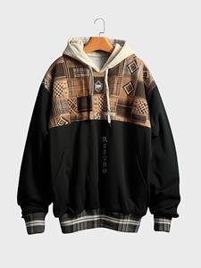 ChArmkpR Mens Ethnic Geometric Japanese Print Patchwork Loose Drawstring Hoodies Winter