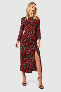 Boohoo Geplooide Bloemen Midaxi Jurk, Black