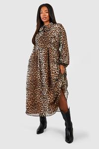 Boohoo Plus Lepard Chiffon Pussybow Midiaxi Dress, Leopard