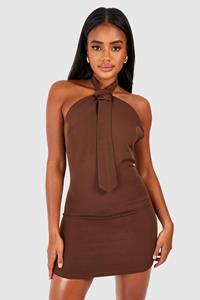 Boohoo Woven Halterneck Tie Detail Mini Dress, Chocolate