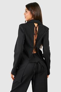 Boohoo Lace Up Open Back Double Breasted Blazer, Black