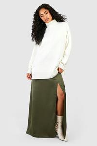 Boohoo Side Split Satin Maxi Skirt, Khaki