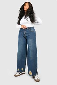 Boohoo Plus Gescheurde Vintage Wash Jeans Met Split En Rechte Pijpen, Vintage Wash