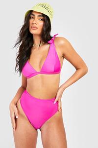 Boohoo High Waist Bikini Set Met Schouderstrikjes En Laag Decolleté, Fuchsia