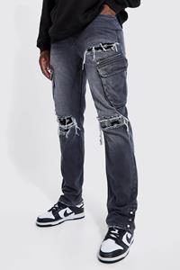 Boohoo Tall Cargo Rip & Repair Jeans Met Rechte Pijpen, Mid Grey