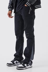 Boohoo Onbewerkte Gescheurde Flared Slim Fit Jeans Met Contrasterend Gusset Detail, Washed Black