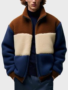 ChArmkpR Mens Color Block Patchwork Zip Front Fleece Casual Jacket Winter