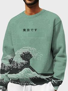 ChArmkpR Mens Allover Japanese Wave Print Crew Neck Pullover Sweatshirts Winter