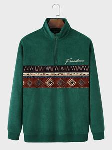 ChArmkpR Mens Ethnic Geometric Letter Embroidered Half Zip Corduroy Pullover Sweatshirts Winter