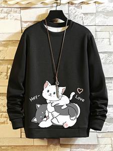 ChArmkpR Mens Cute Cartoon Cat Print Crew Neck Pullover Sweatshirts Winter