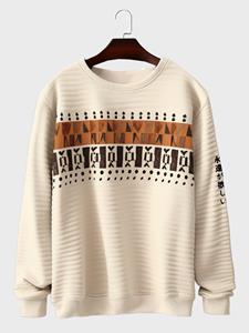 ChArmkpR Mens Japanese Geometric Print Embroidered Crew Neck Pullover Sweatshirts Winter