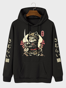 ChArmkpR Mens Japanese Warrior Cat Sleeve Print Kangaroo Pocket Drawstring Hoodies Winter