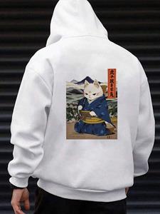 ChArmkpR Mens Japanese Cat Figure Back Print Loose Long Sleeve Hoodies Winter